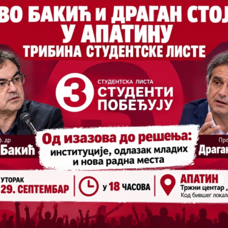 ЈОВО БАКИЋ И ДРАГАН СТОЈИЋ У АПАТИНУ: ТРИБИНА СТУДЕНТСКЕ ЛИСТЕ У УТОРАК